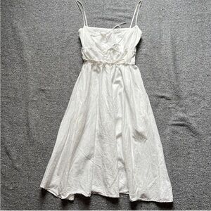 LACAUSA Gathered Tie Bust Waist Spaghetti Strap Cotton Linen Midi Dress Small S